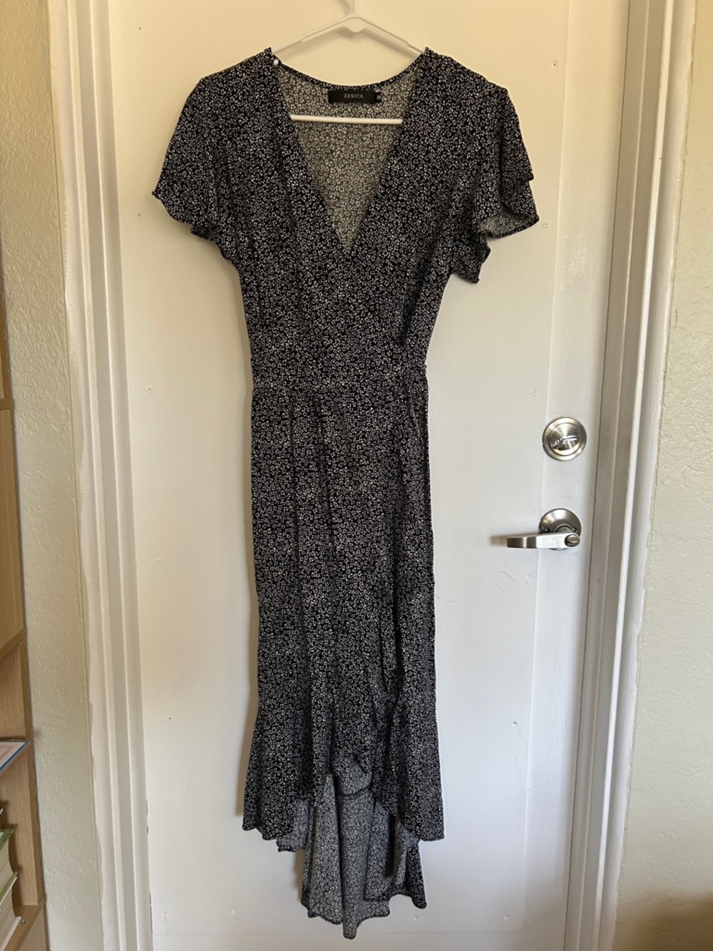 Zesica Black and White High-Low Floral Wrap Dress